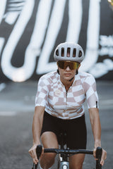 women's check mate premium cycling jersey - tan check