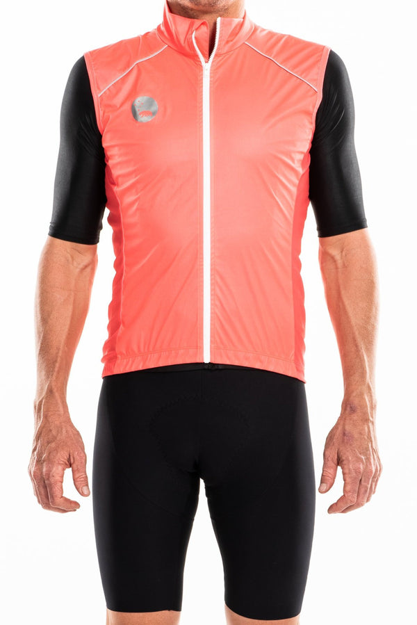 WYN republic men's coral wind vest. Orange gilet with reflective bear logo and detailing for safety.