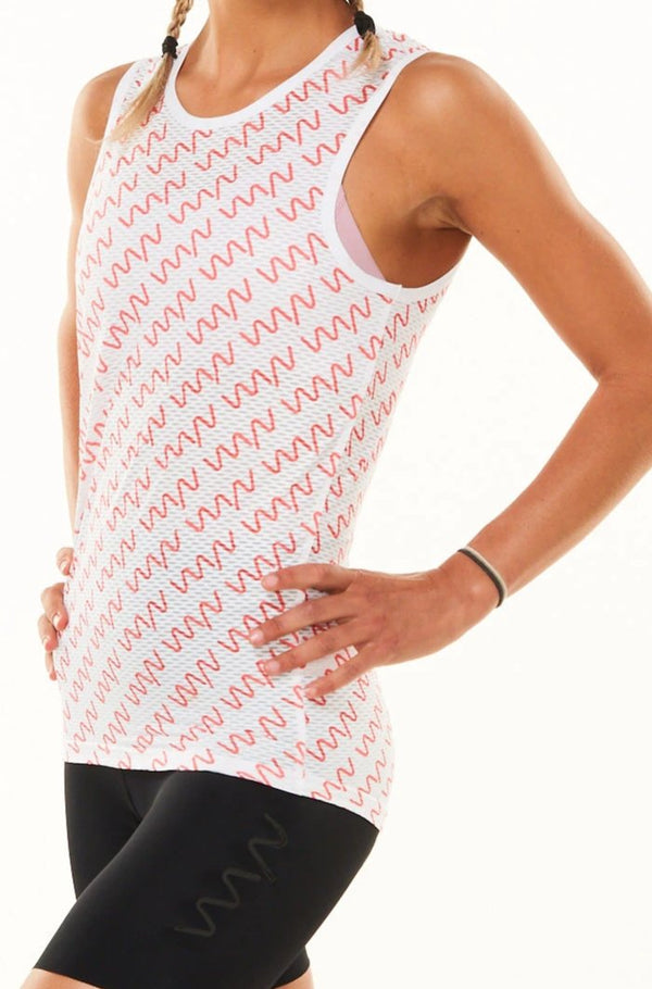 Coral WYN Signature Women's Sleeveless Base Layer. White cycling base layer with coral logos.