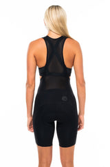 Back view of women's Velocity 2.0 Cycling Bib Shorts. Aerodynamic black cycling shorts with mesh back panel.