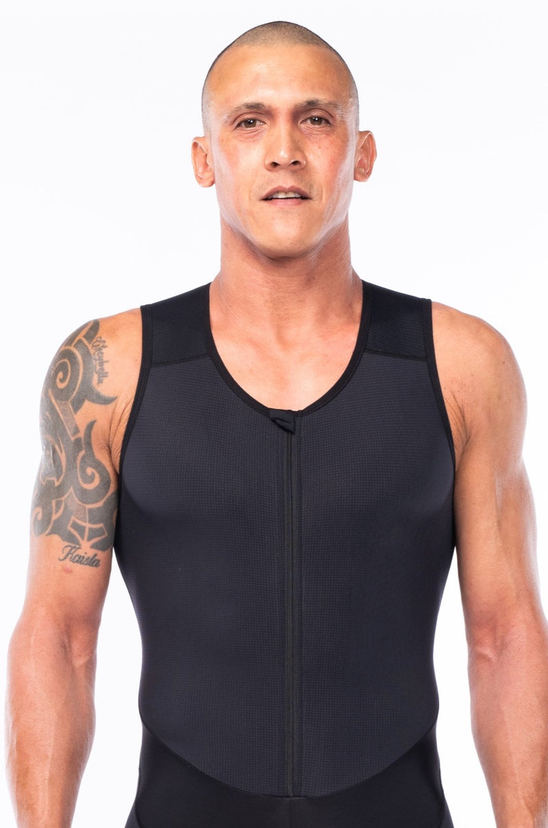 Front panel with a full zip-up of thermal cycling tights.