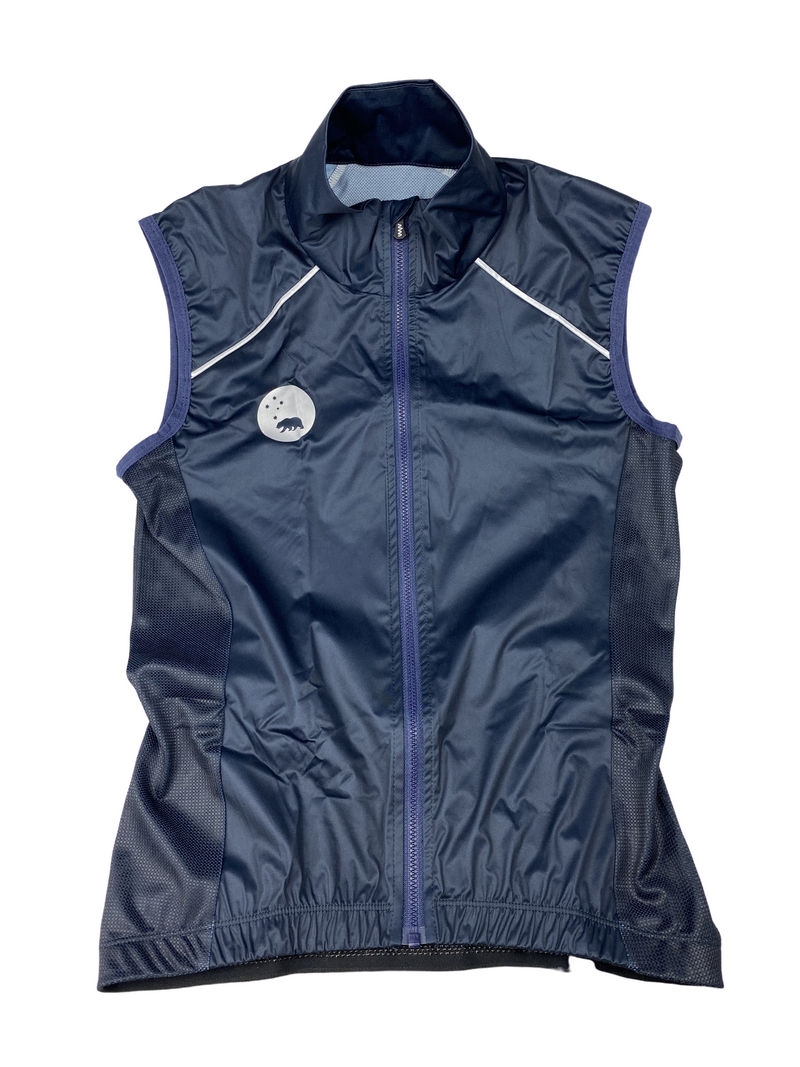 WYN republic women's navy wind vest. Navy gilet with reflective bear logo and detailing for safety.