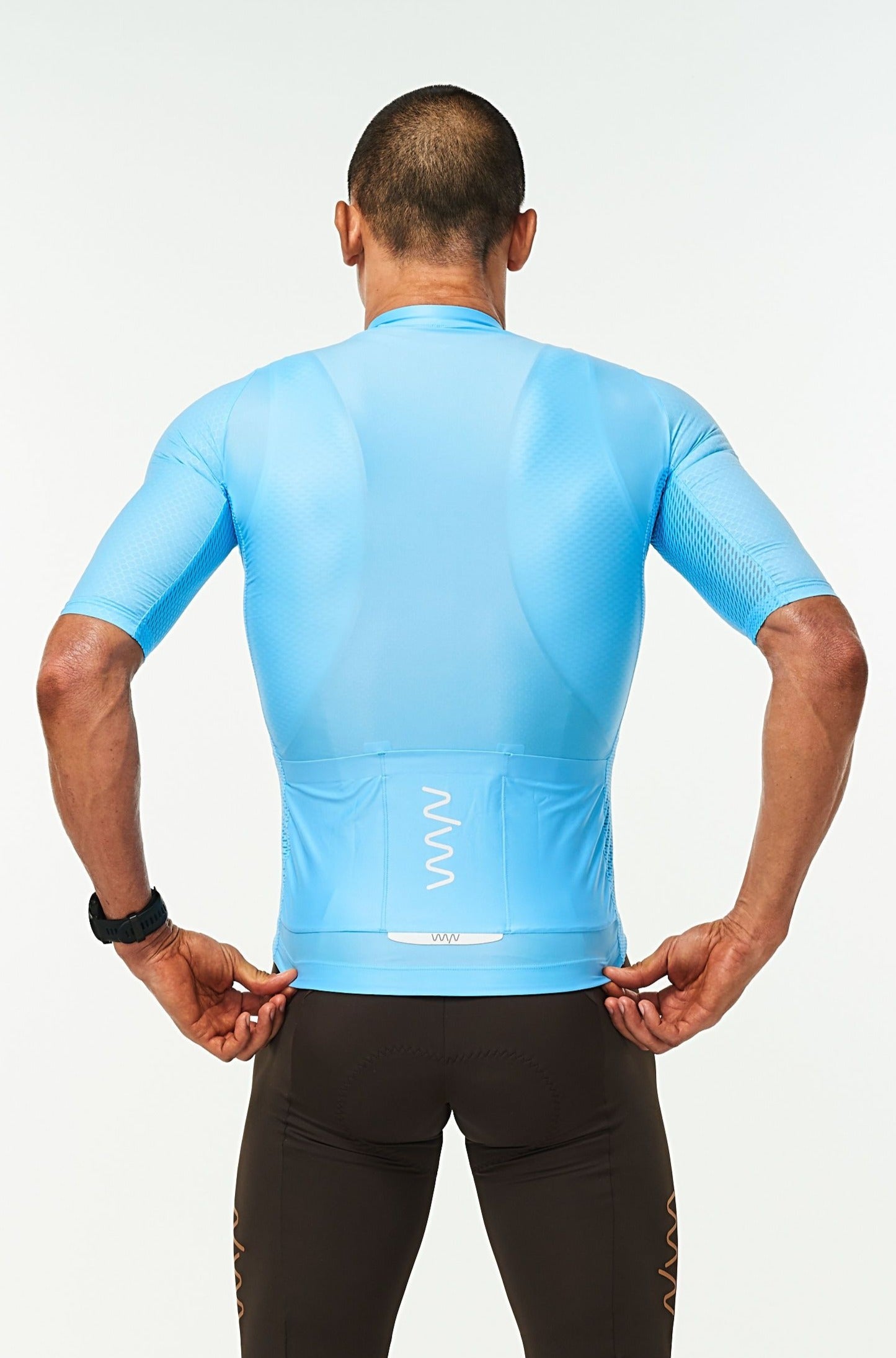 Back view men's Sky Blue Hex Racer Jersey. Cycling jersey with back reflective pockets for storage.