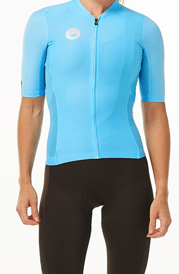 WYN republic Women's Sky Blue Luceo Hex Racer Jersey. Blue cycling jersey.
