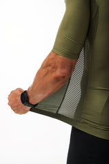 Back left angle of unzipped Olive Hex Racer Jersey. Breathable Italian fabric.