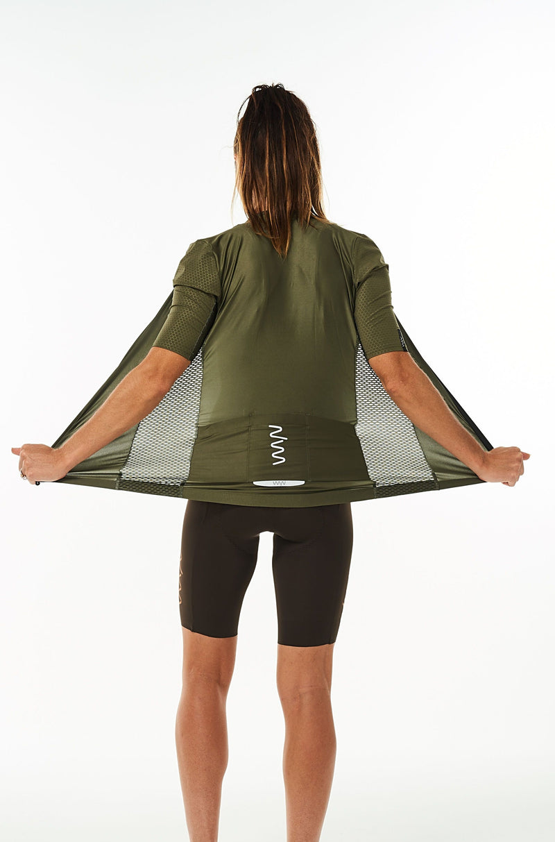 Back view women's Olive Hex Racer Jersey. Cycling jersey with back reflective pockets for storage.