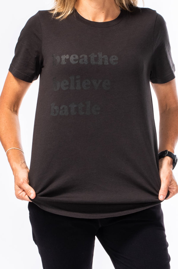 WYN breathe. believe. battle. tee - stealth
